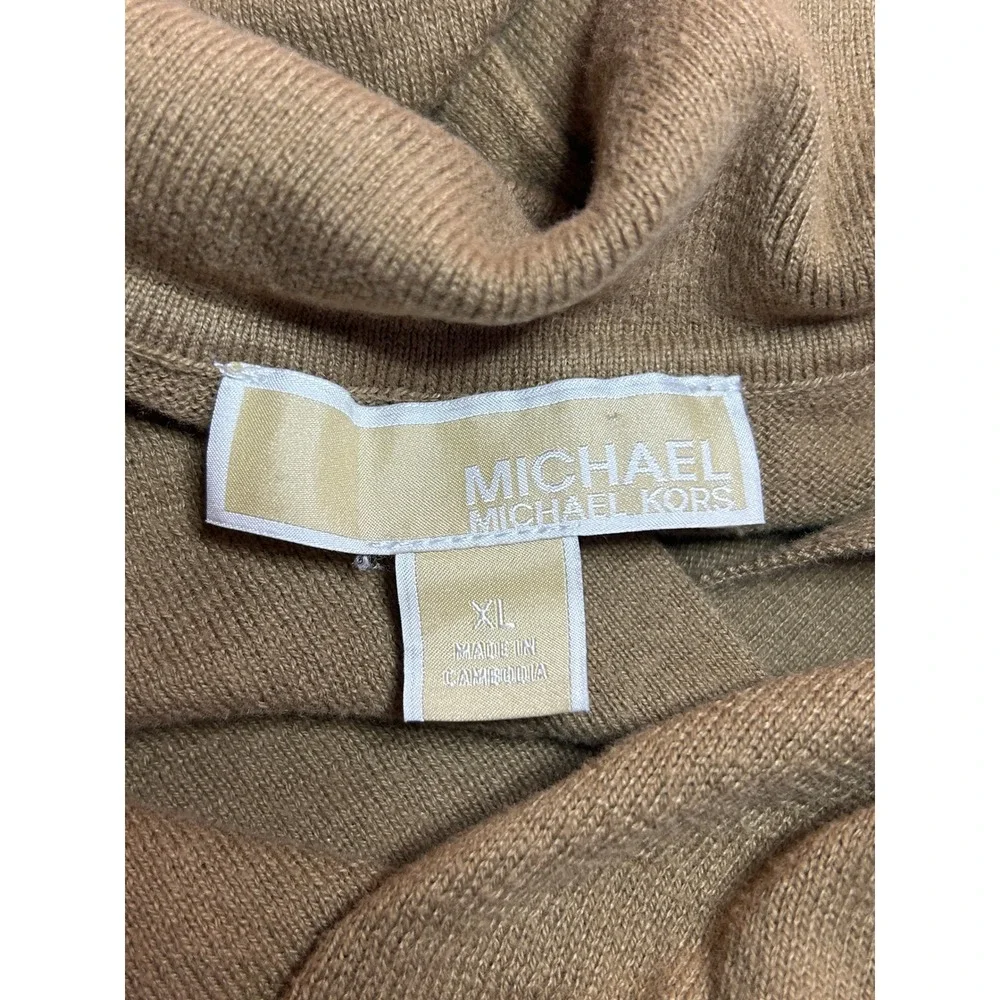 Michael Kors Polo Sweater Women XL Brown Excellent V-Neck Knit Logo Charm